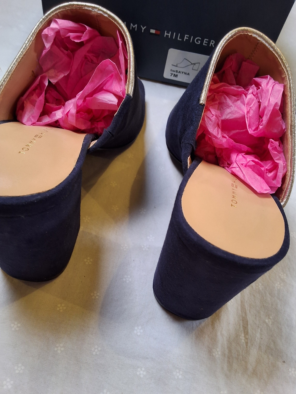 Tommy Hilfiger Navy Blue Suede Block Heel Mules